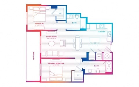 Floor plan for 2 beds, 2 baths, 1133 sqft